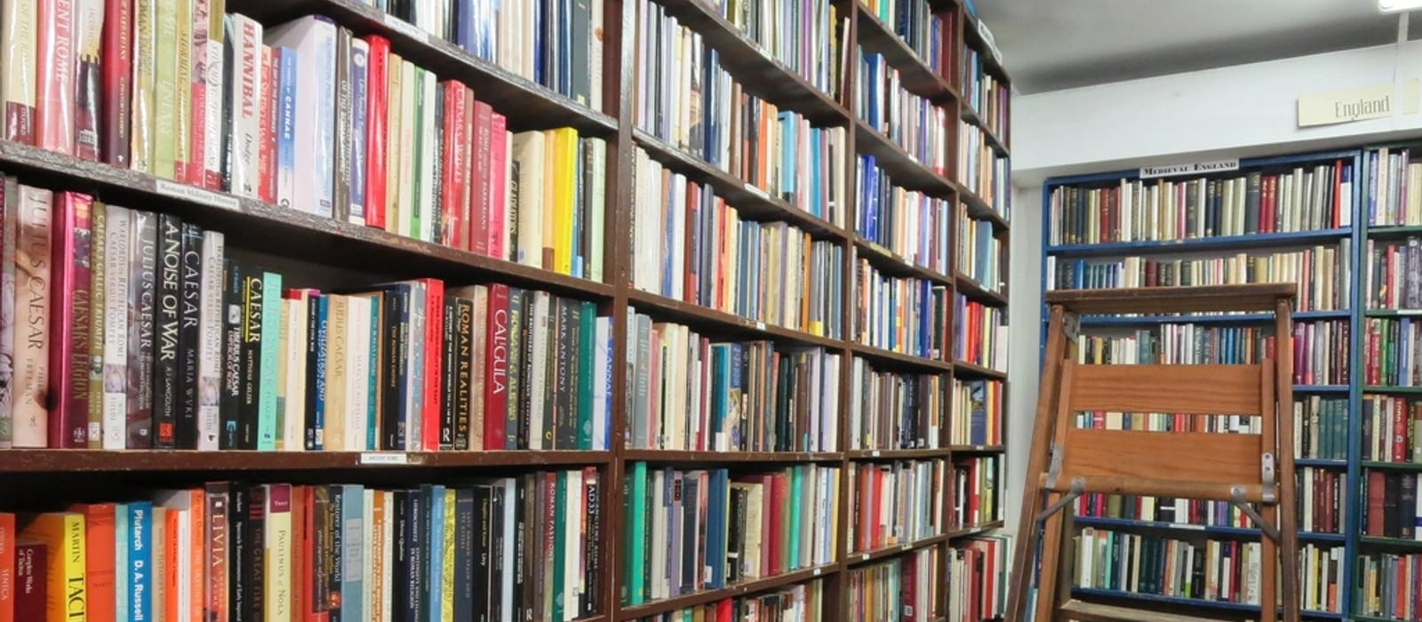 Ahşap raflara dizili çok sayıda kitap ve rafların önünde duran ahşap merdiven